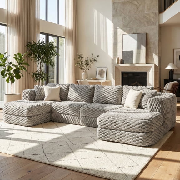 135" Modular Sectional Sofa, Velvet U-Shaped Cloud Couch with 31-inch Deep Seat, 6 Seat Boneless Couch with Two Movable Ottomans for Living Room, Grey