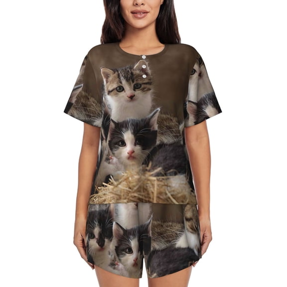 Ratiio Cat Family Print Womens Pajama Sets 2 Piece Soft Short Sleeve Top and Shorts Sleepwear Round Neck Pjs Lounge Set
