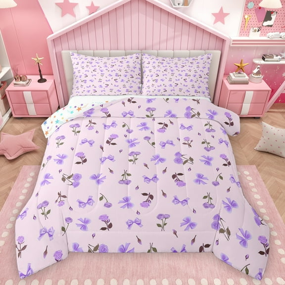 Homewish Purple Bowknot Floral Bedding Comforter Set,Country Floral Twin Comforter Sets,Lovely Bow Knot Bedding Set For Men Women,Breathable Home Decor Reversible,2 Pieces