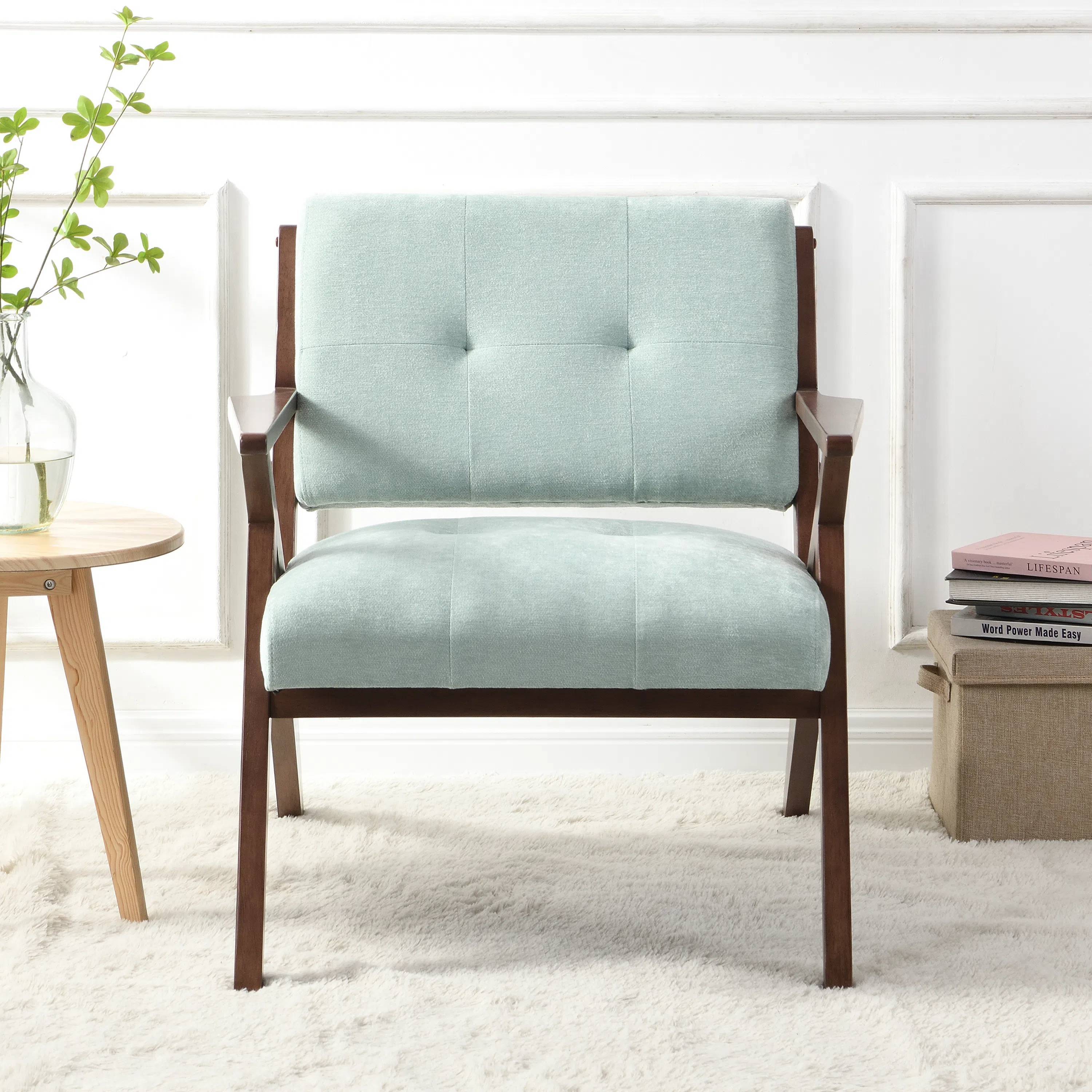 EUROCO 26.8"W Mid-Century Modern Accent Chair,Lounge Arm Chair with Plush Cushions,Angled Arm Design,and Sturdy Solid Wood Frame,Reading Armchair for Living Room, Bedroom or Office,Green
