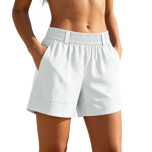 Wensltd Women Shorts Solid Color Elastic Waist Tailored Wide Leg Suit Shorts With Deep Side Pockets