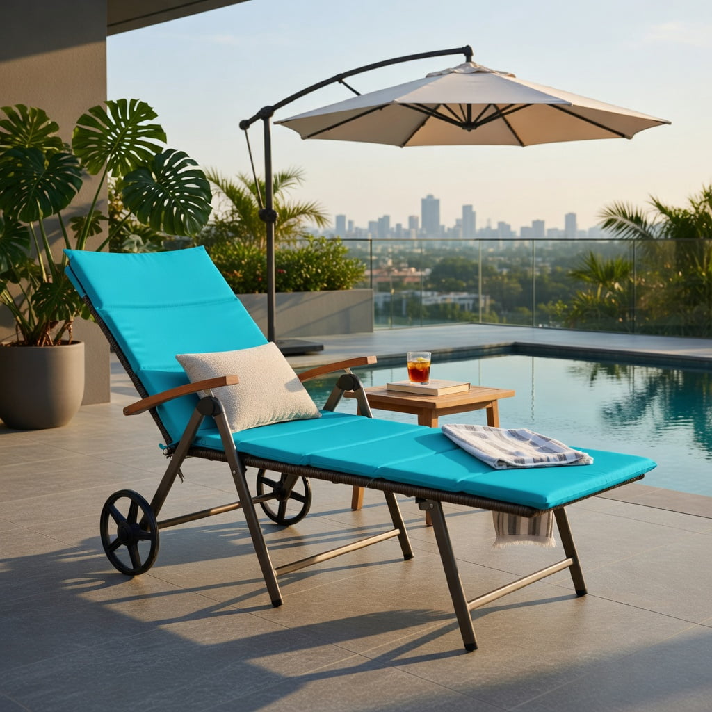 Hommoo Adjustable Outdoor Chaise Lounge Chair with PE Rattan & Cushion, Foldable, Wheeled, Turquoise