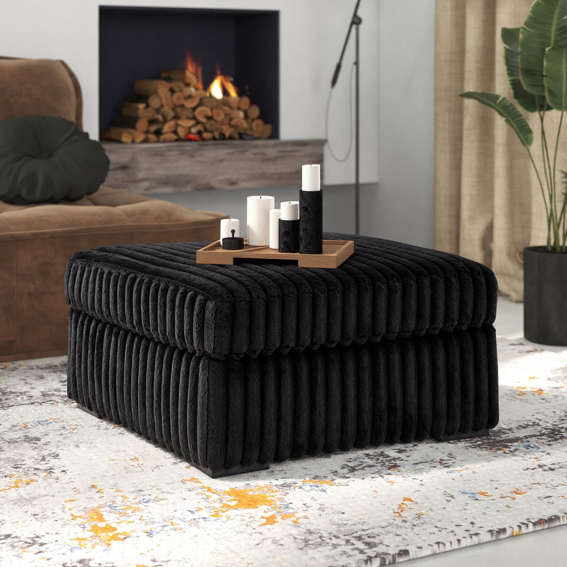 Roundhill Furniture Solenne Oversized Ottoman with Jumbo Corduroy Upholstery, Black