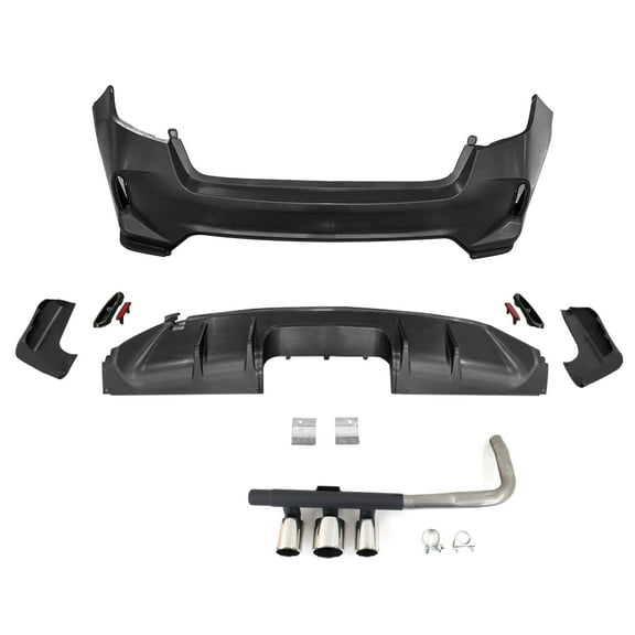 Ikon Motorsports Rear Bumper Cover Set   Exhaust Pipe Compatible with 2022-2026 Honda Civic, Type R Unpainted Rear Conversion & Diffuser & Stainless Steel Exhaust Tips
