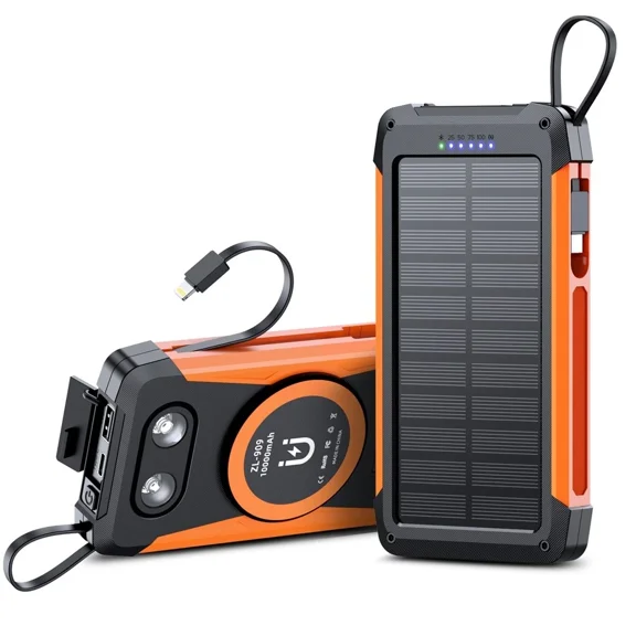Solar Charger Power Bank 10000mAh, Portable Charger, Wireless Charging, Solar Panel Charger, Built-in 2 Cable, with USB C for Cell Phones, with Dual Flashlight for Camping