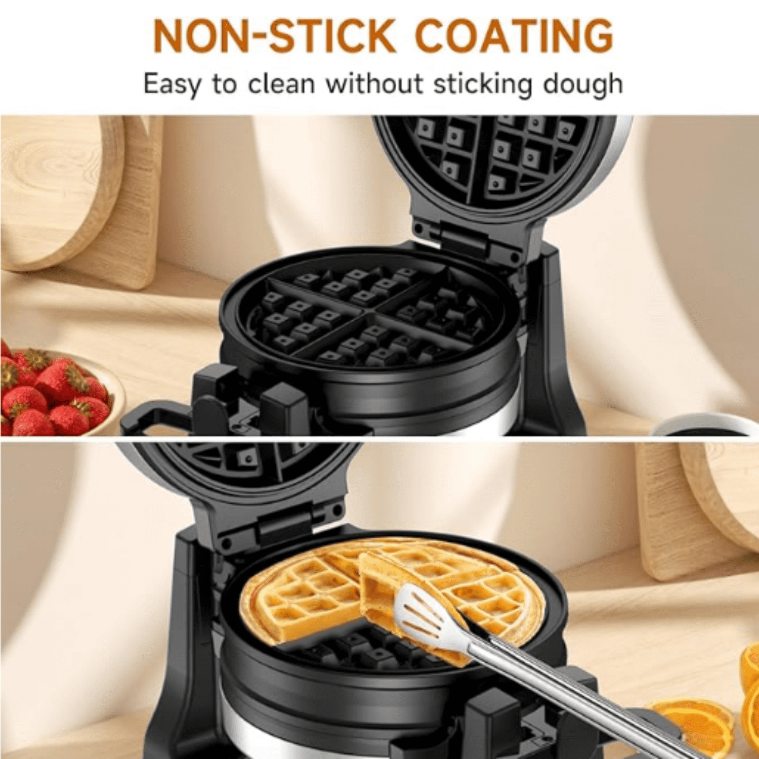 Double Belgian Waffle Maker 180°Flip, 1400W Waffle Iron 8 Slices, Rotating & Nonstick Plates with Removable Drip Tray for Easy Clean, Stainless Steel, Locking Buckle & Cool Touch Handle