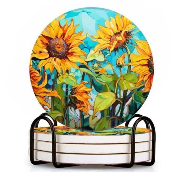 BaHomeck Drink Coasters Set of 4 with Holder Sunflowers in the style of stained glass Water Absorbent Ceramic Coasters Tabletop Protection,Suitable for Various Cup ,Home Decor
