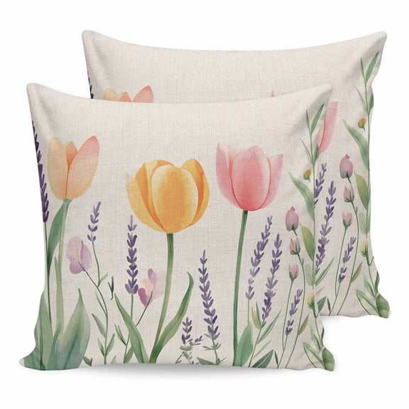 16x16 Pillow Covers Set of 2, Spring Floral Square Throw Pillow Covers for Couch/Sofa/Living Room, Pink Yellow Tulip Botanical Summer Decorative Soft Pillowcases for Couch Throw Pillows