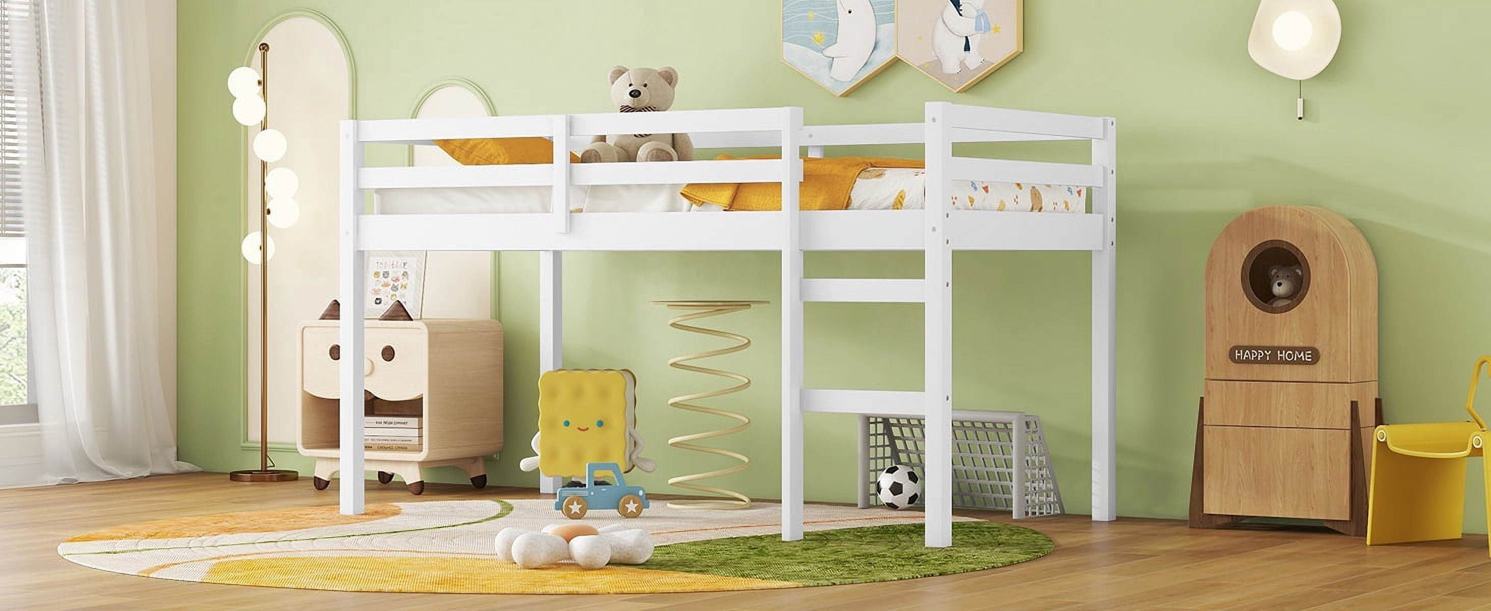 Solid Wooden, Rubber Wooden Twin Loft Bed with Ladder, Bed Platform of Strengthened Slats, White