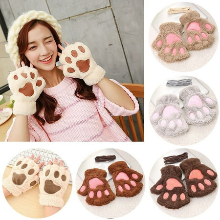 Cute Cat Claw Paw Plush Mittens Short Fingerless Gloves Half Finger Women Lovely