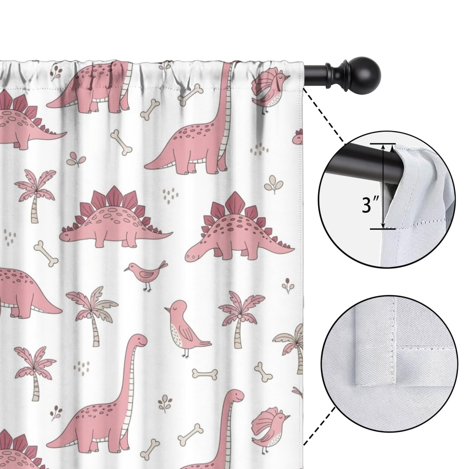 Blackout Kids Curtains,Pink Dinosaur and Bird Pattern Childrens Insulated Curtains Set Of 2,Bedroom Essentials,Toddler Room Decor 42"x63"