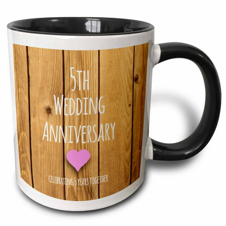 3dRose 5th Wedding Anniversary gift - Wood celebrating 5 years together - fifth anniversaries five yrs, Two Tone Black Mug, (Best 5th Year Wedding Anniversary Gifts)