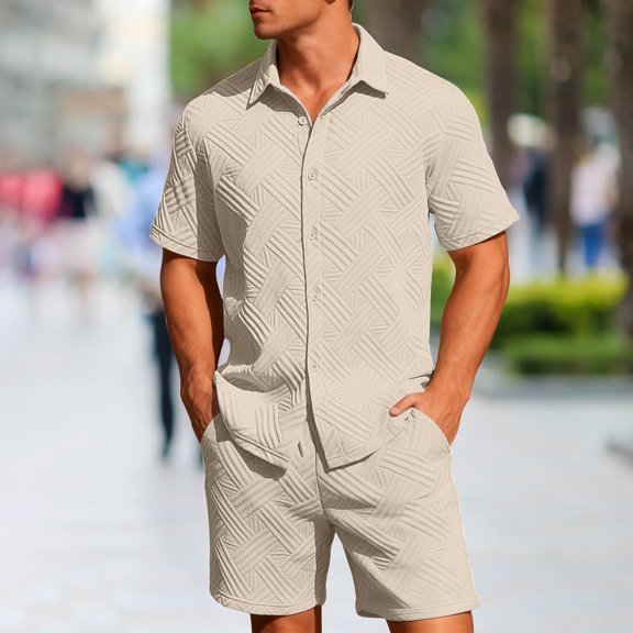 LEKWK 2 Piece Set for Men Loose Fit Solid Textured Beach Vacation Summer Outfits Button Down Short Sleeve Collared Tops and Elastic Waist Shorts