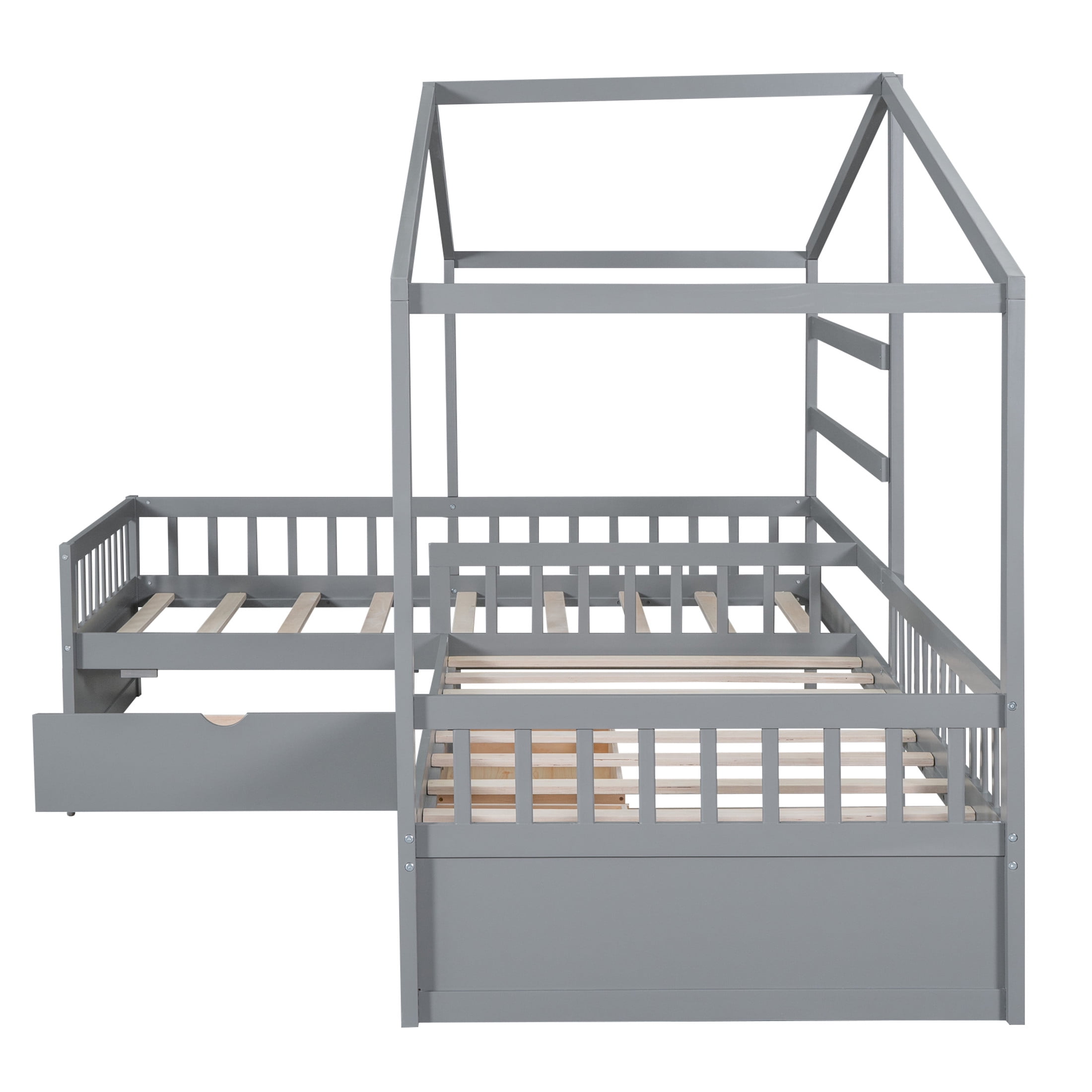Noble House Yorke Twin Size House Platform Bed with 3 Storage Drawers, L-Shaped Solid Wood Frame, Gray