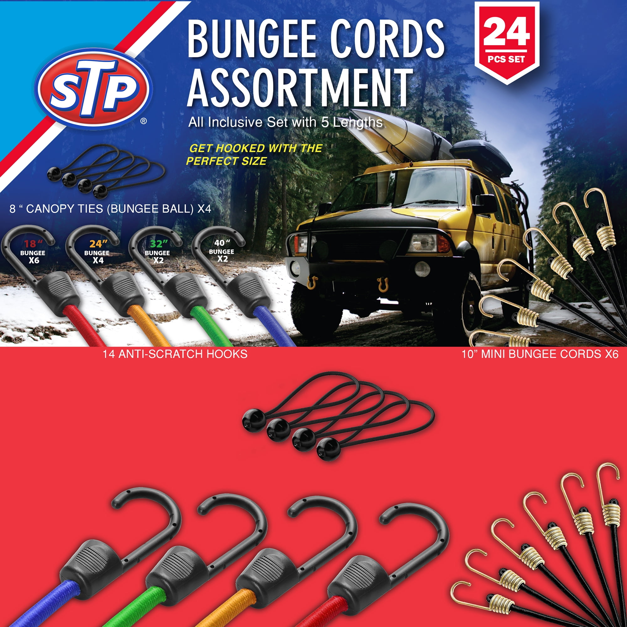 STP 24-Piece Heavy-Duty Bungee Cord Assortment with Durable Hooks, UV-Resistant Tie-Down Straps for Cargo, Canopy, Garage, and Outdoor Use