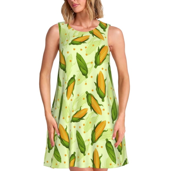 Bixox Fresh Corn Print Women's Sleeveless A-Line Dress with Pockets, Casual Knee-Length Tank Dress for Summer-Small