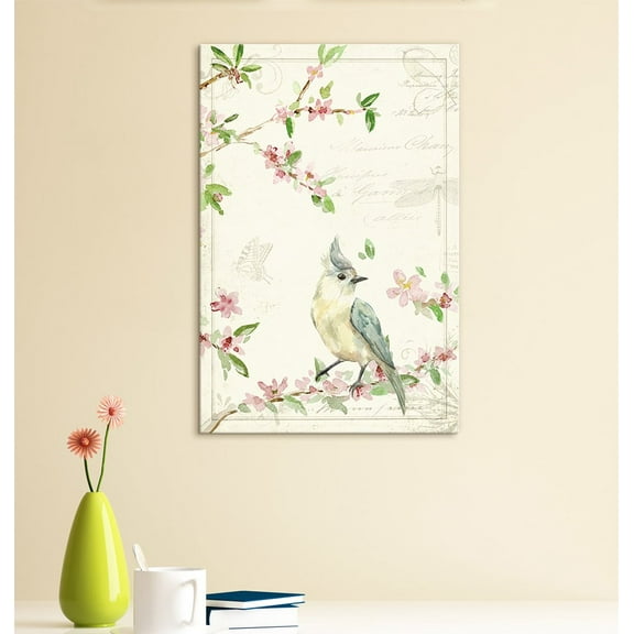 wall26 Canvas Wall Art - Vintage Style Bird Standing on Blooming Tree Branch - Giclee Print Gallery Wrap Modern Home Art Ready to Hang - 12x18 inches