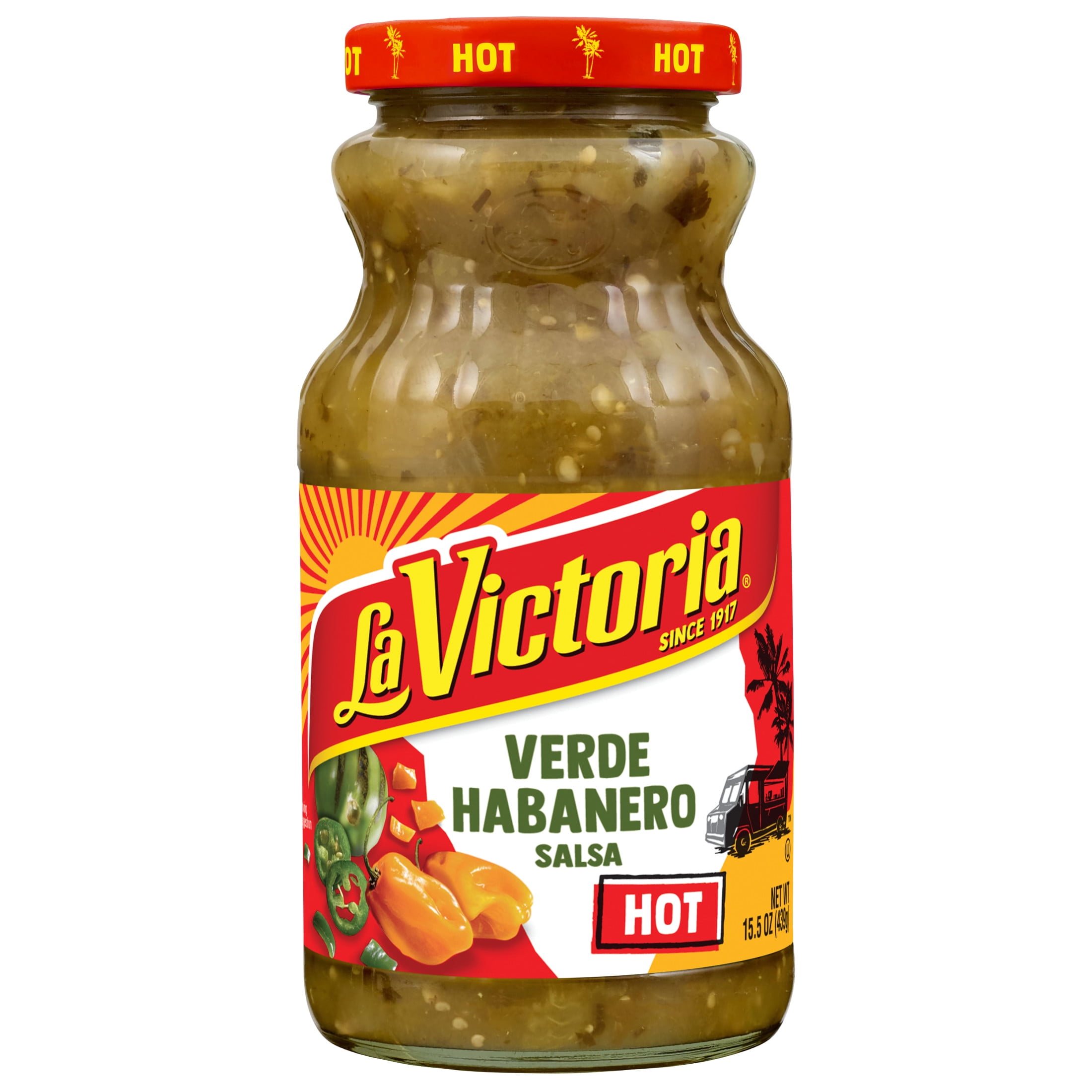 (12 pack) LA VICTORIA Verde Habanero Salsa Hot, Tortilla Chip Dip, Shelf Stable, 15.5 oz Glass Bottle