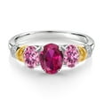 thumbnail image 2 of 925 Sterling Silver and 10K Yellow Gold Oval Red Created Ruby Pink Moissanite and White Diamond 3 Stone Ring for Women (2.30 Cttw, Gemstone July Birthstone, Available in Size 5, 6, 7, 8, 9), 2 of 3