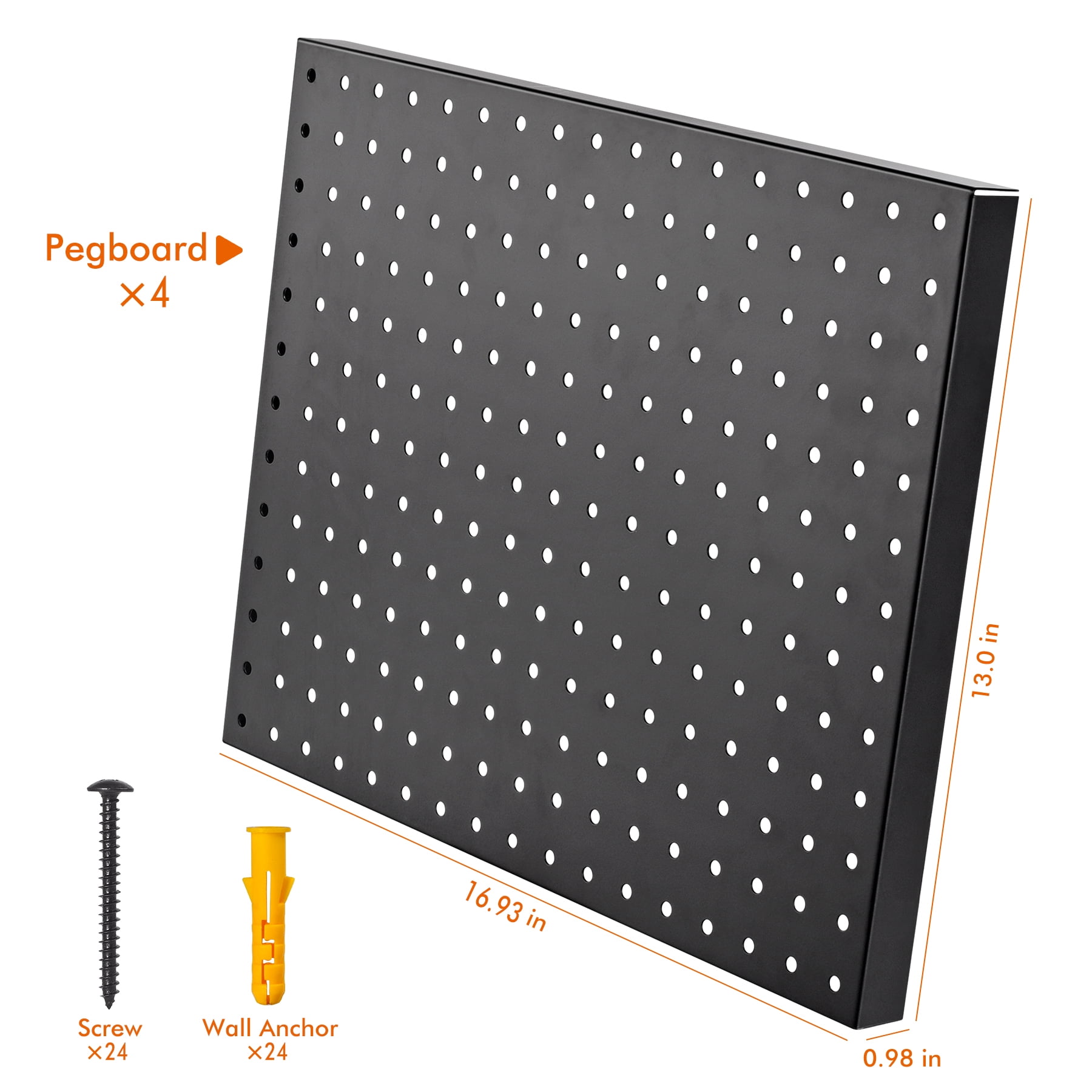 Heavy Duty Metal Pegboard Organizer - Wall Storage Steel Peg Board Panels Set 1/4 inch Round Holes 17"x13" 4 Pack Garage Craft Tool Display Hanging Rack Organization Black Kit with Mounting Hardware