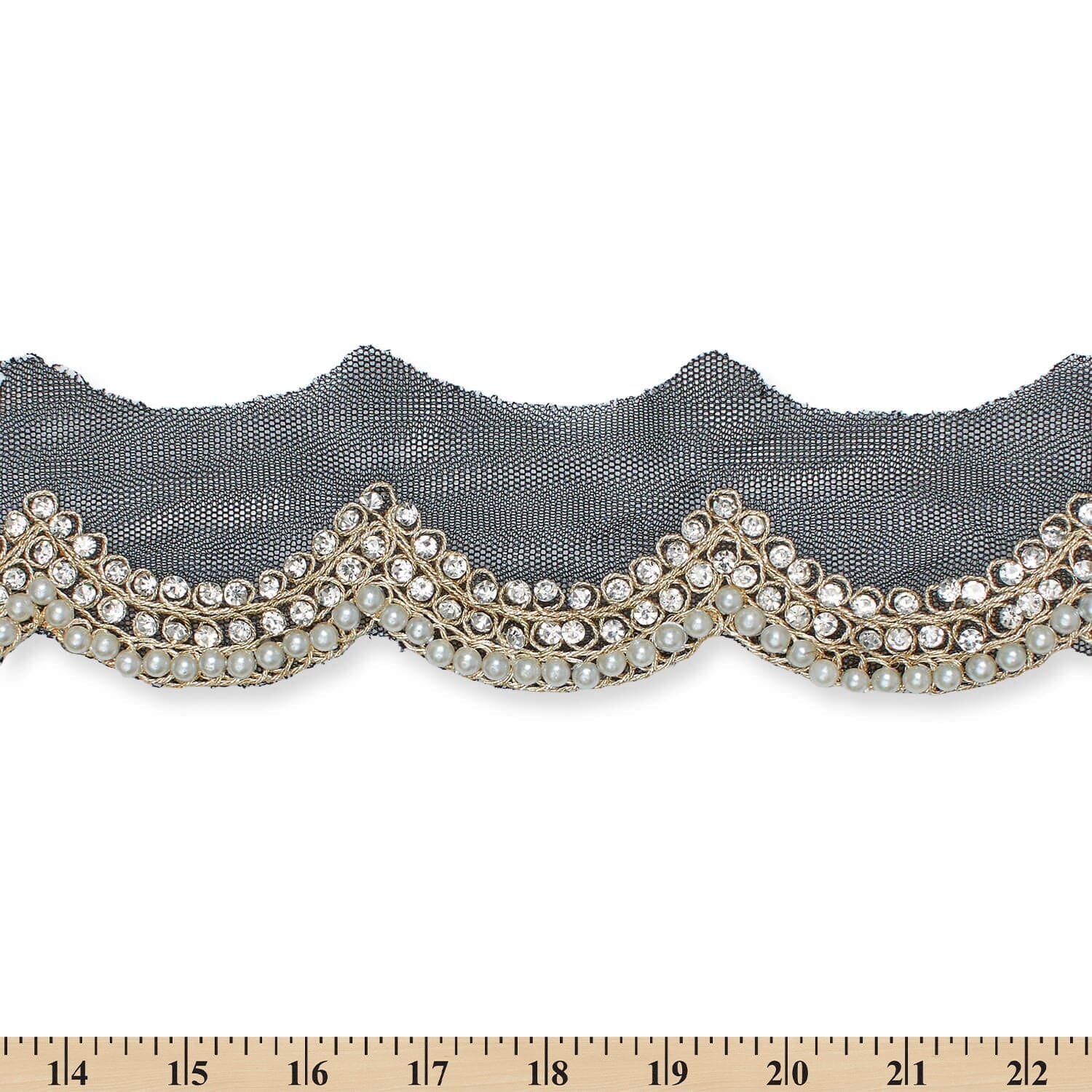 3 Inch Scalloped Regal Rhinestones Beads & Metallic Cording On Polyester Mesh Trim By The Yard For Sewing, Crafts, Decor, Or Upholstery - Black (1 Yard)