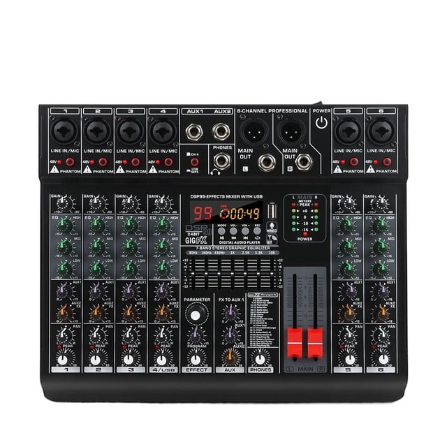 Professional 6 Channel Audio Mixer With 99 DSP Effects,7-band EQ,48V Phantom Power,USB Interface Recording For Sta ,Easy to Operate
