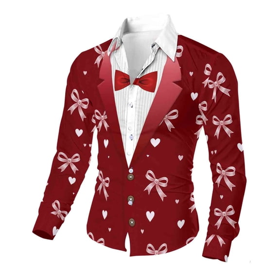 Xuyuer Valentine's Day Hawaiian Shirt Tuxedo for Men Graphic Long Sleeve Party Tux Tee Casual Top Button Down Shirts