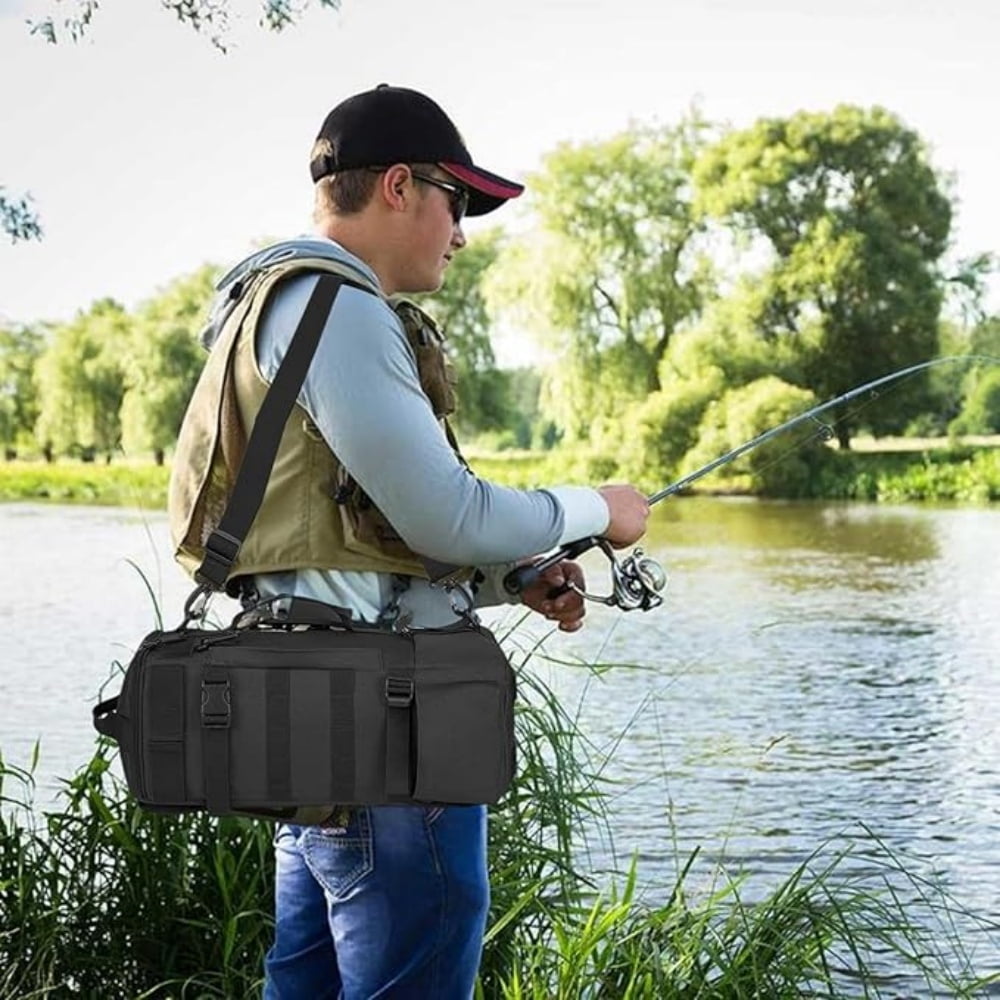 Fishing Backpack Tackle Bag, Kvago Fishing Bag Shoulder Bag with Rod Holders, Storage Bag for Outdoor Activities, Fishing, Camping, Hiking, Cycling (8.27 x 6.69 x 16.93 in, Black)