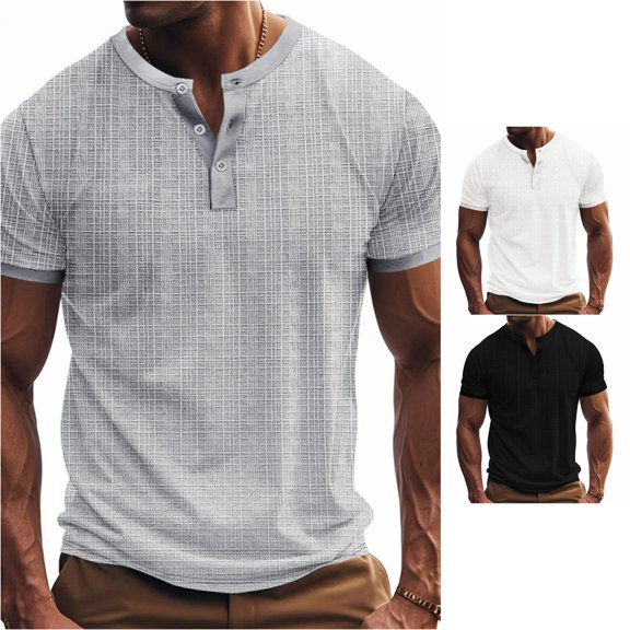 Rggeeun Mens T-Shirts Solid Color Plaid Pattern V Neck Short Sleeve front Buttons Slim Fit Lightweight for Summer Evening Party Versatile Tee,Gray,L
