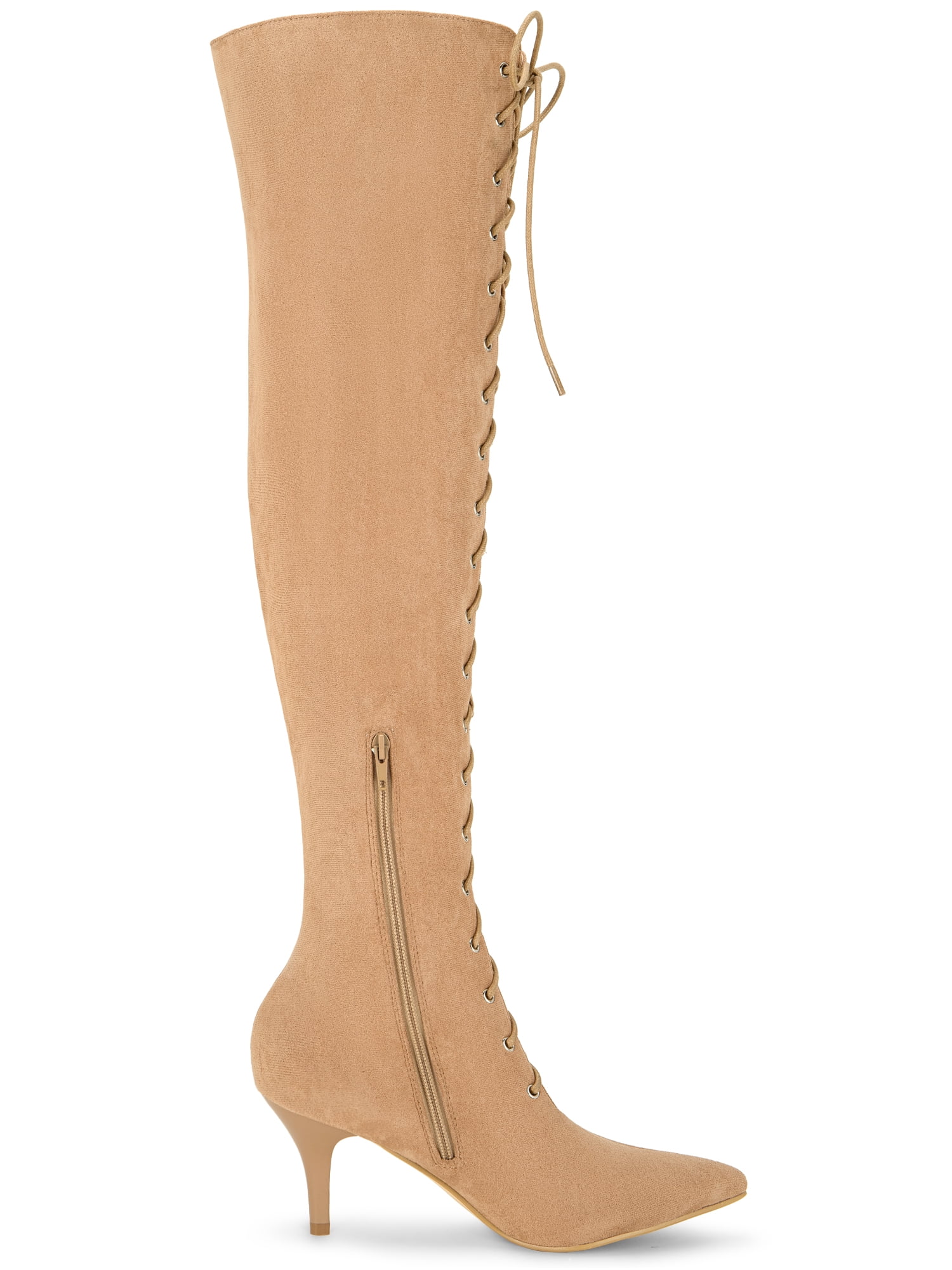 DARING DIVA Women's Thigh High Lace Up Stiletto Heel Over Knee High Boots Nude 7
