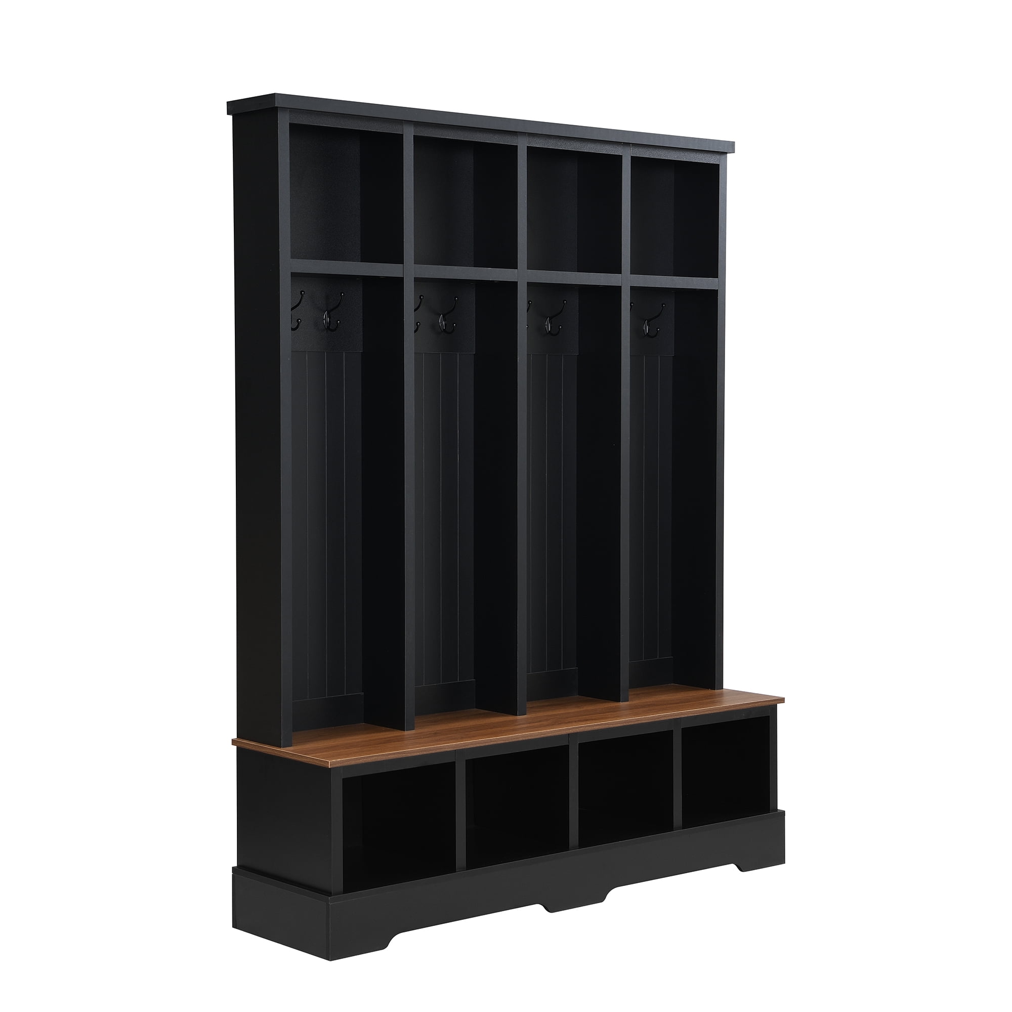 Euroco Farmhouse 59"W Wide Hall Tree with 8 Hooks, Practical Entryway Bench with Open Compartments, 76.7"H Modern 3-in-1 Wooden Style Coat and Shoe Rack for Mudroom, Living Room, Black