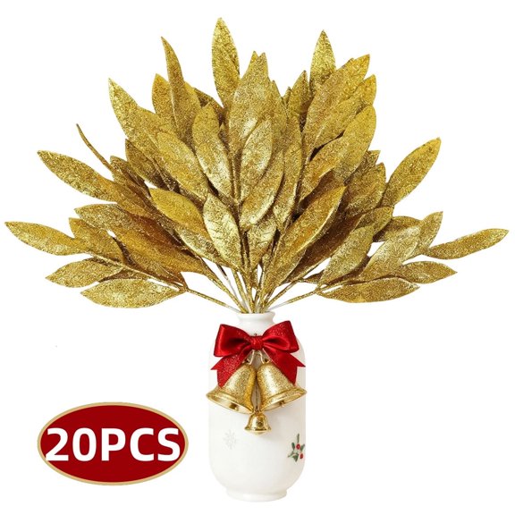 Kabuer Christmas Glitter Leaf 13'' Gold Spray Picks for Christmas Tree DIY Wreath Crafts Gift Home Decoration 20Pcs