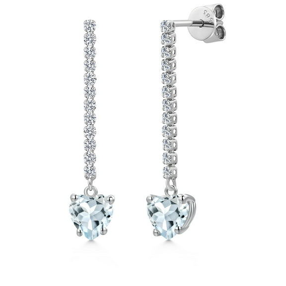 Gem Stone King 14K White Gold Sky Blue Aquamarine and Lab Grown Diamond Dangle Earrings for Women | 1.82 Cttw | Gemstone March Birthstone | Heart Shape 6MM
