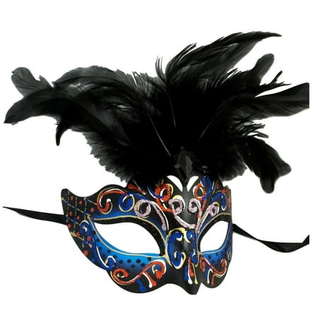 Blue with Black Feathers Colorful Masquerade Mardi Gras Mask