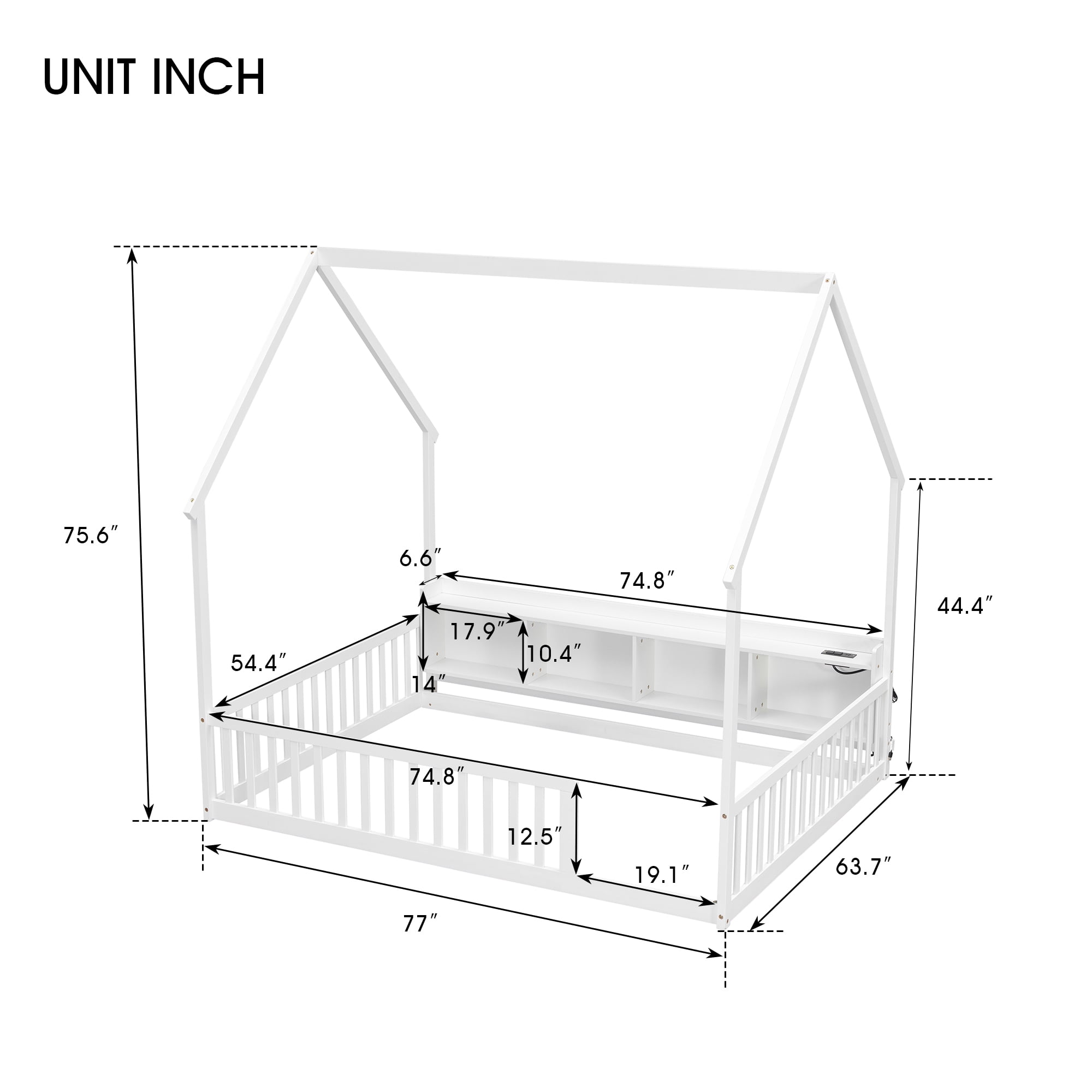 Floor Bed with House Design and Storage Shelves, Full Pine Wood Platform Bed and Charging Station Bed Frame with LED Lights and Guardrails, White