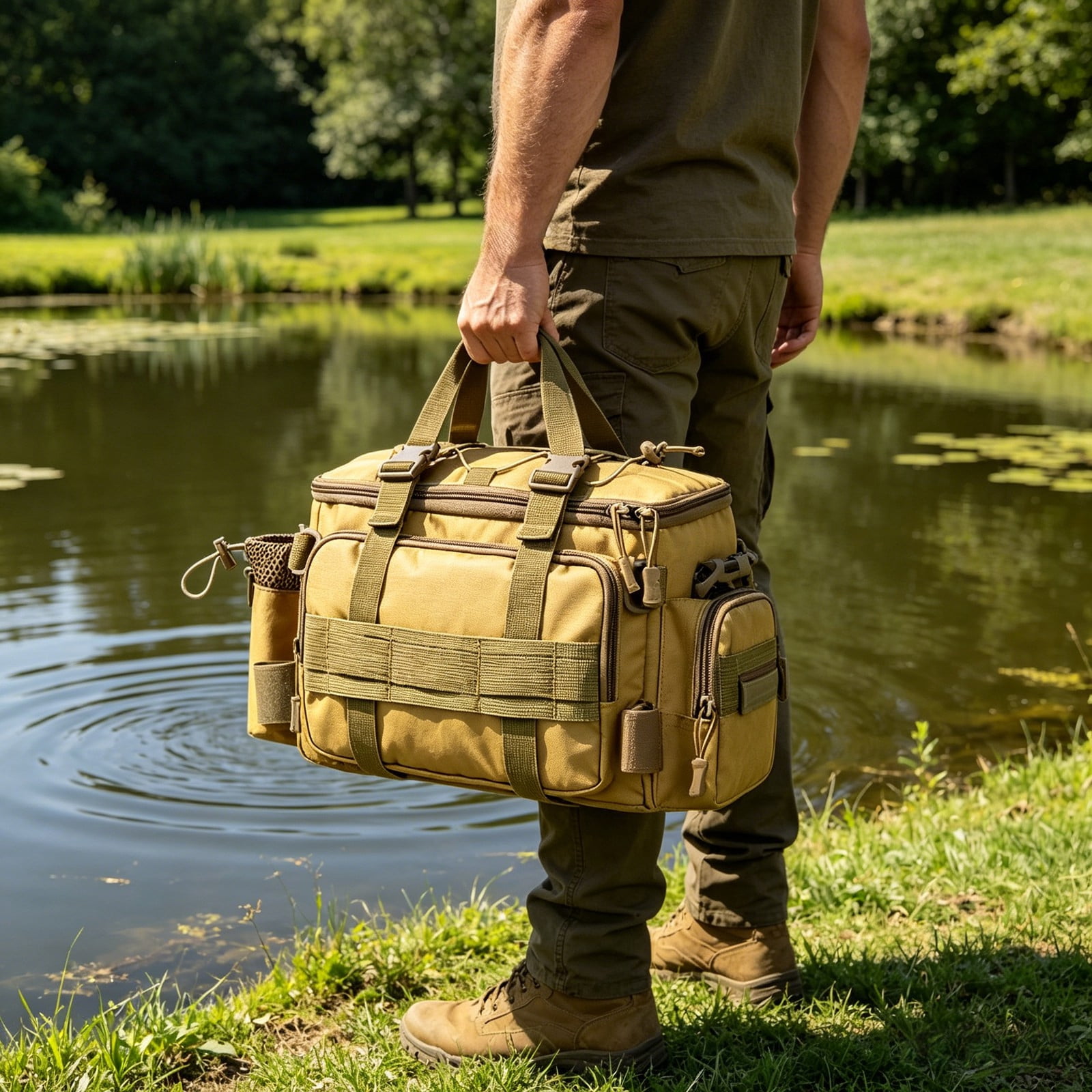 XINGXIANG-40cm Multifunctional Fishing Gear Bag Camo Durable Oxford Tackle Storage Bag with Adjustable Strap for Outdoor Sports (A)