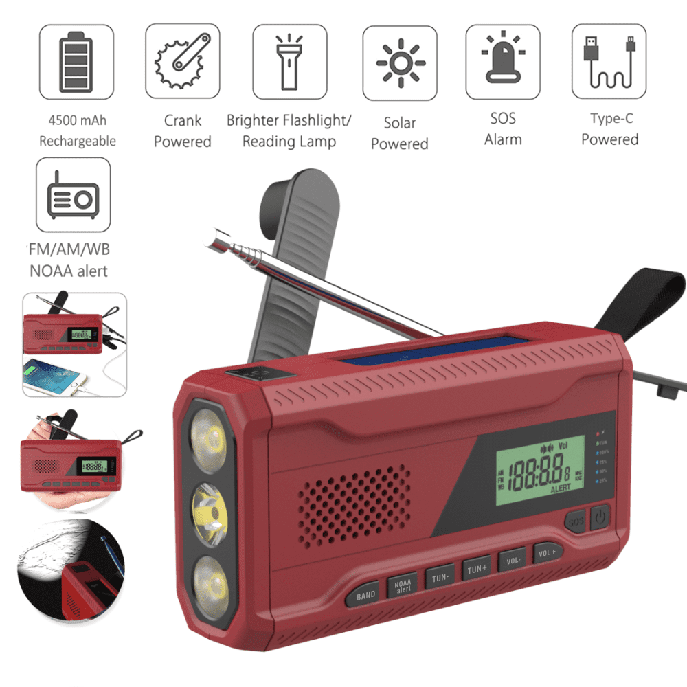 Crank Radio, Emergency Radio, Solar Radio, NOAA/AM/FM Weather Radio, USB Type-C Charging, Dynamo Radio, Polymer Battery, Camping Torch & LED Reading Light, SOS Alarm