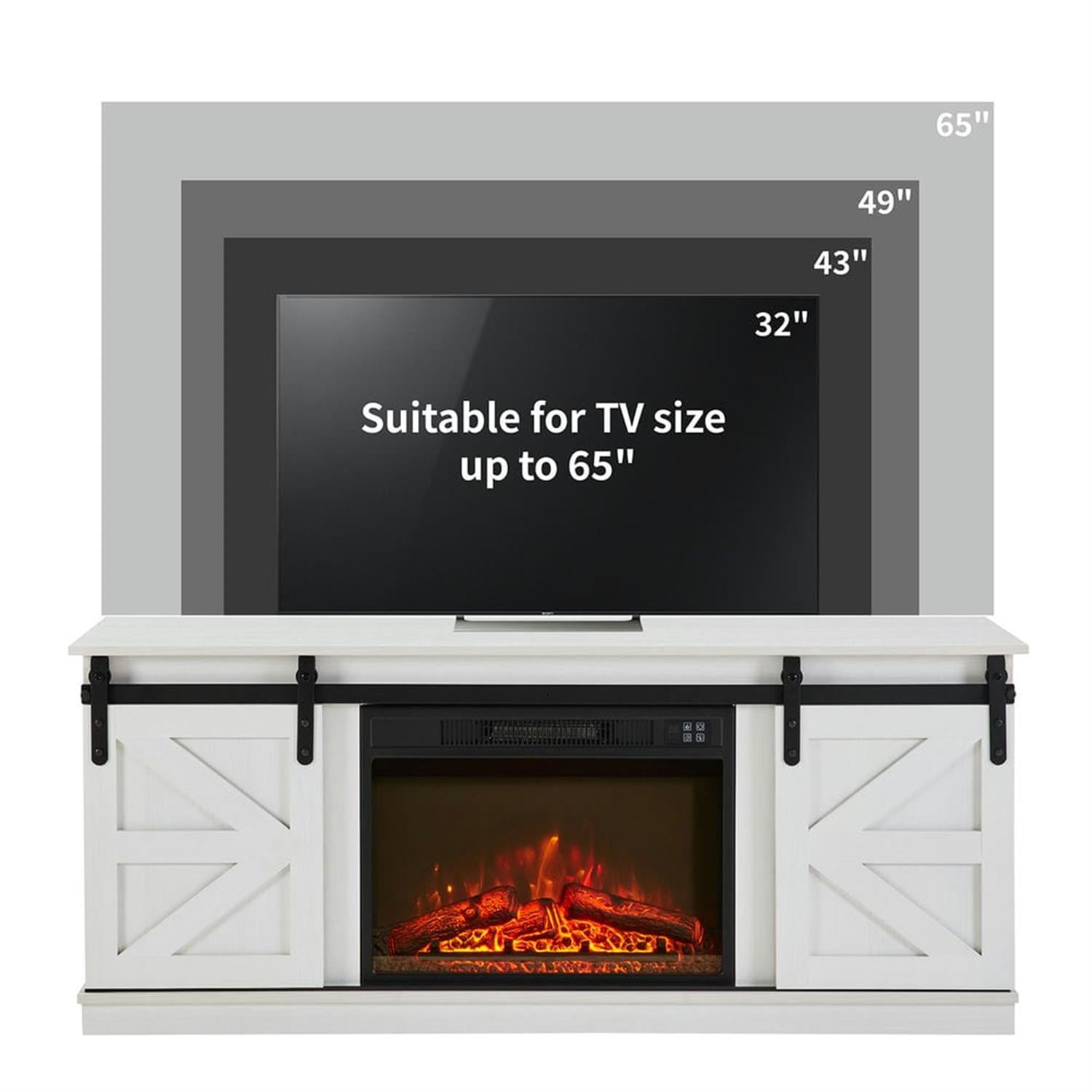 Demi Bonn Modern Fireplace TV Stand for Television up to 65" with Storage and Farmhouse Sliding Barn Doors, Entertainment Center with Cabinet and Shelves, White