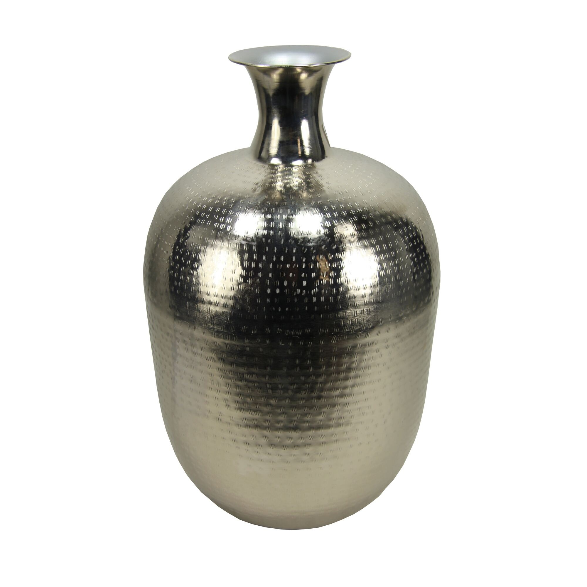 Bellied Shape Iron Vase with Long Neck and Flared Opening, Silver