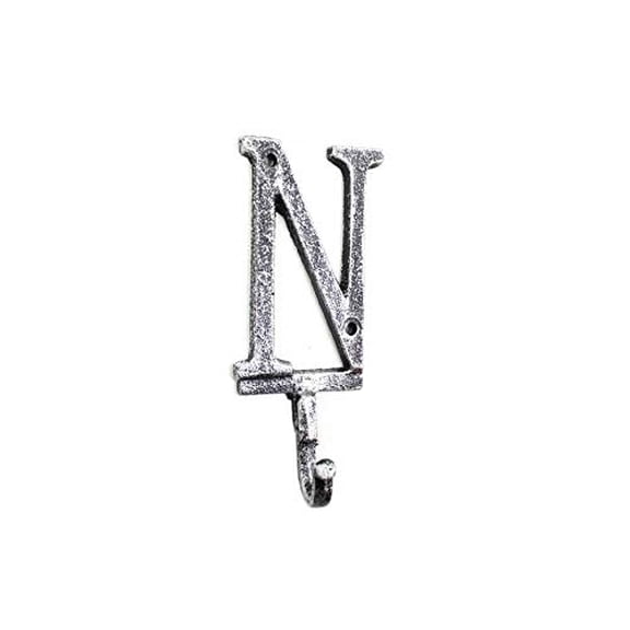 Hampton Nautical Rustic Silver Cast Iron Letter N Alphabet Wall Hook 6" - Door Decor - Decorativ