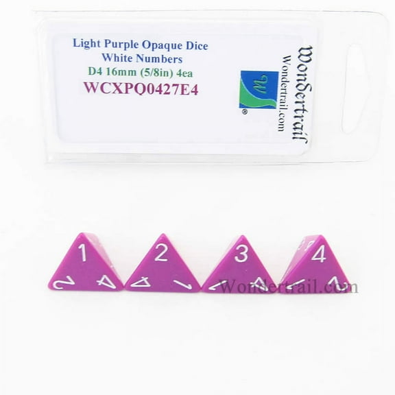 Light Purple Opaque Dice with White Numbers D4 Aprox 16mm (5/8in) Pack of 4 Wondertrail