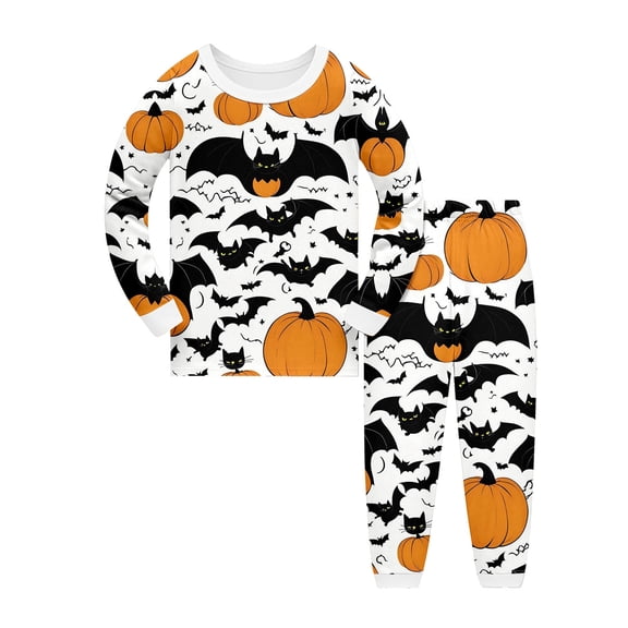 REDARER Crew Neck Long Sleeve 2 Piece Kids Pajama Set Bat Pumpkin Print Soft Stretch Sleep Loungewear for Halloween Trick or Treat Fall Night Home Party Outfit,8-9 Years