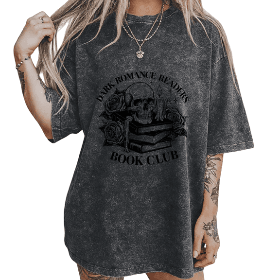 Black Washed Gothic Academia Skull Rose Book Print T-Shirt Graphic Tees Shirts Dark Romance Gift S-2XL Mystical Tops