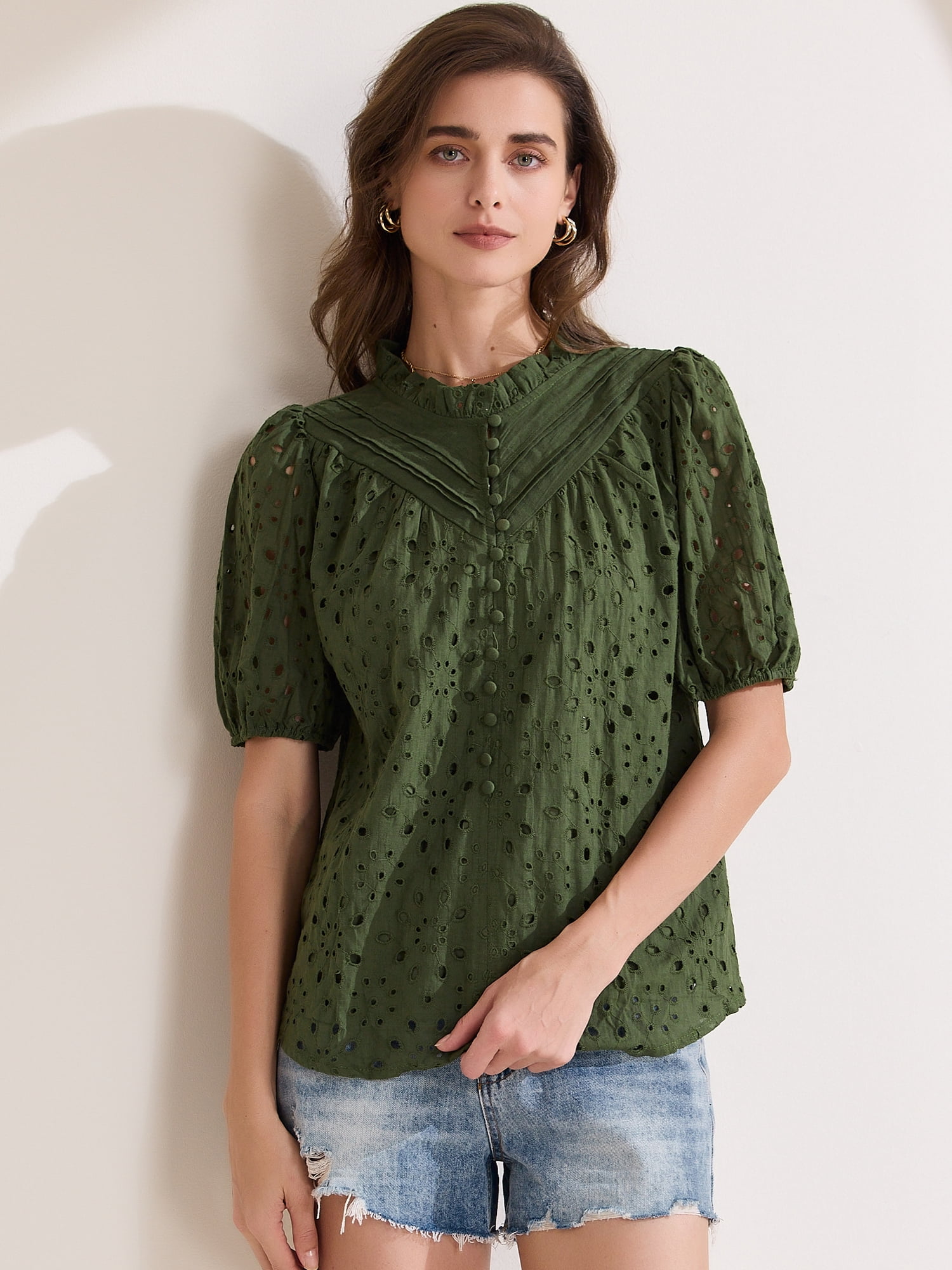 DARING DIVA Women's Crochet Hollow Out Ruffle Neck Peasant Blouse L Green