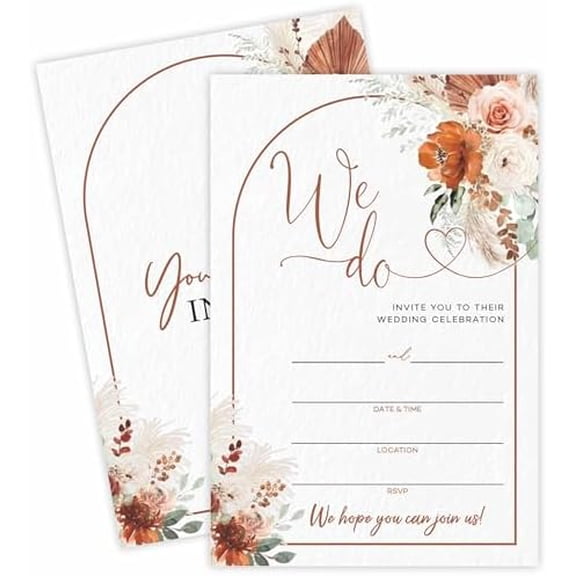 Boho Style Wedding Invitations, Floral Arch Double Sided Engagement Party Invitation Cards, 25 blank Fill-in Style Wedding invitation set with envelopes, Bridal Party Decorations and Supplies - A01