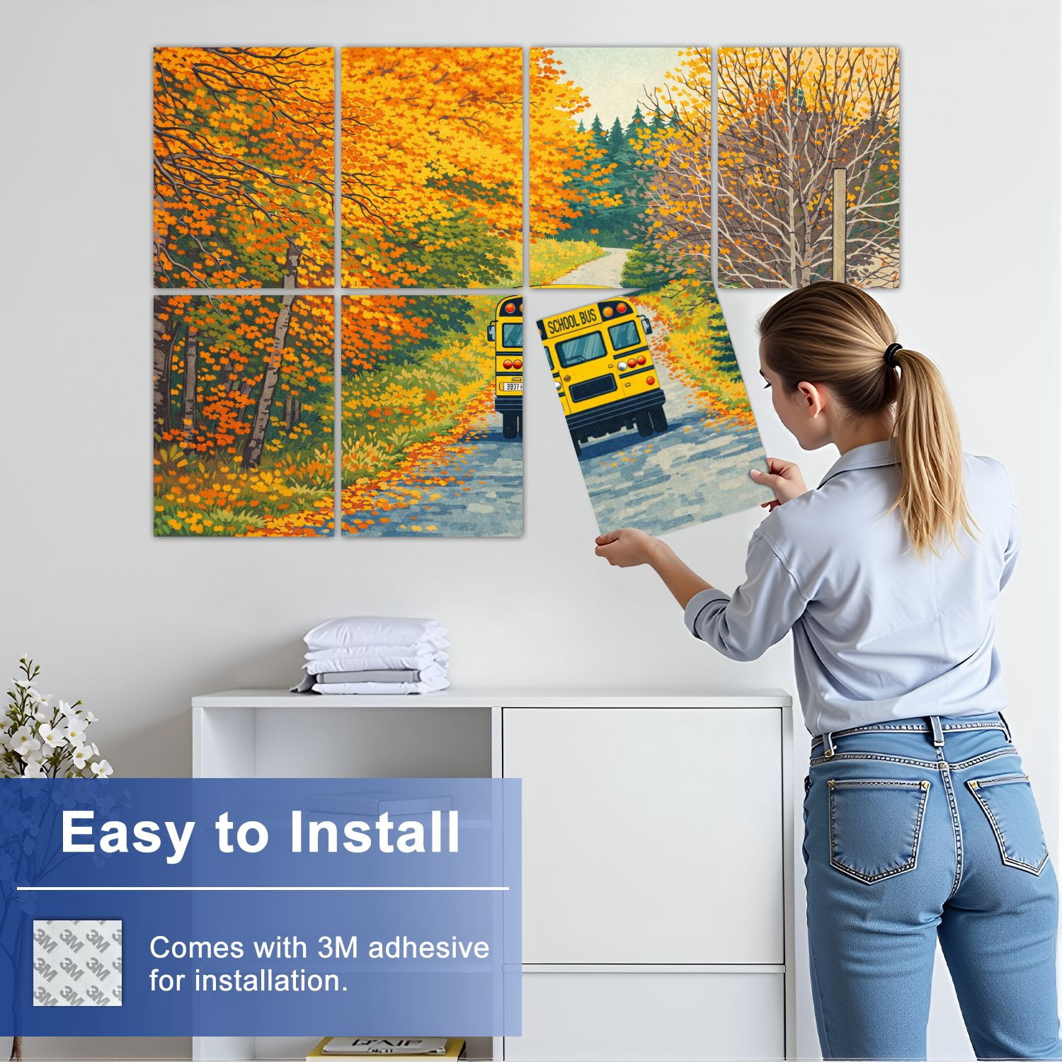 8 Pack Art Acoustic Panels Sound Absorbing School Bus Autumn Rural Decorative Soundproof Wall Panels Self Adhesive for Nursery Game Room Bedroom 48"x32"