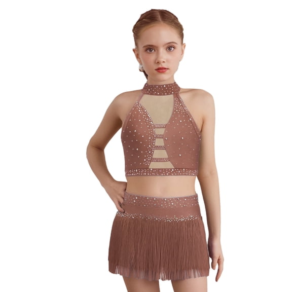Haitryli Kids Girls Tassel Dance Outfits Jazz Latin Performance Crop Top with Skirt Set Gymnastics Bodysuit Dusty Pink 12