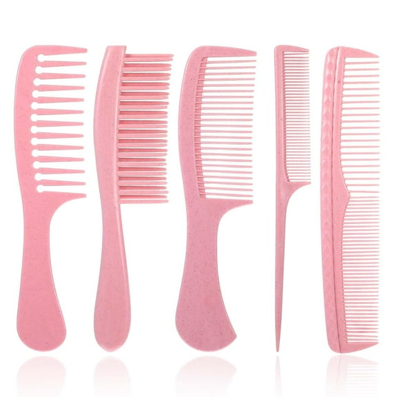 5pieces Hair Combs for Women Set for Hair Styling and Detangling Wide, Fine, Parting Rat Tail, Hairdressing, Double-Wide Combs for Women and Men Shower Wet Wavy Thick Curly Hair, Pink