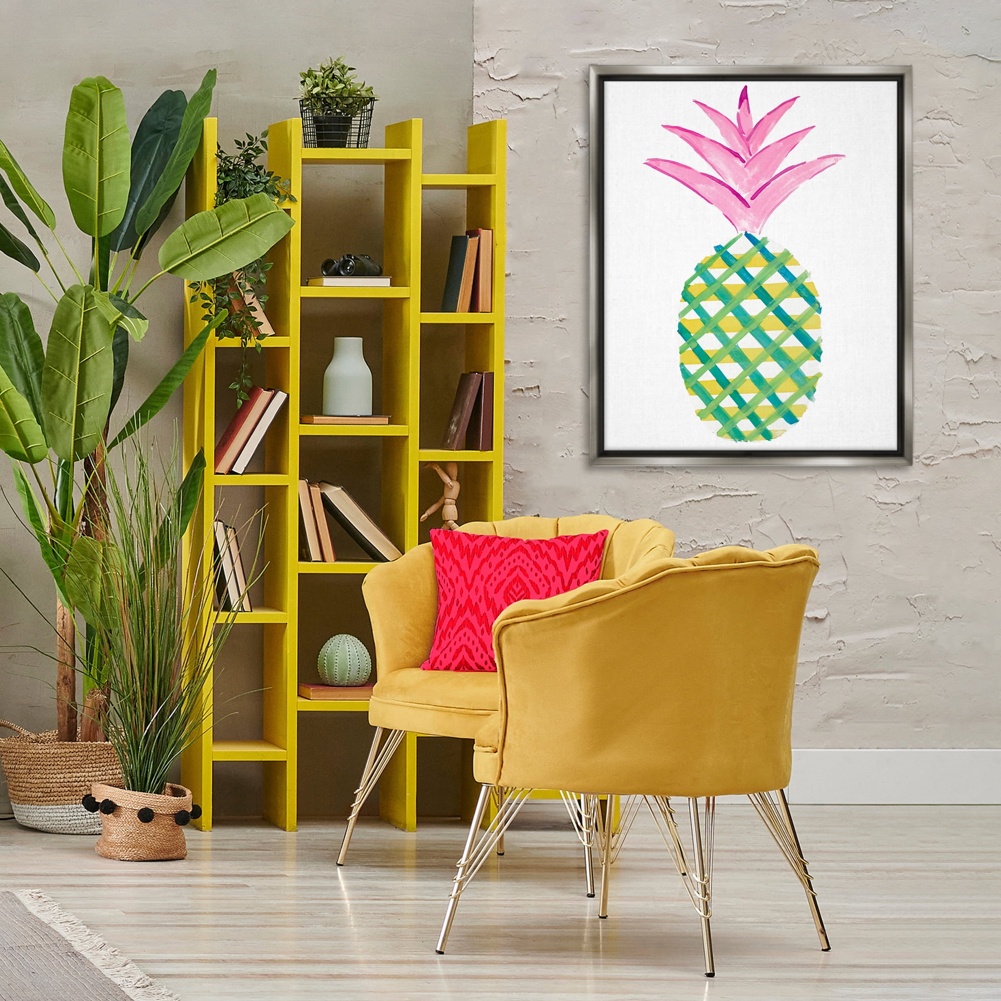 Stupell Industries Tropical Plaid Pineapple Food & Beverage Painting Gray Floater Framed Canvas Art Print Wall Art, 25 x 31