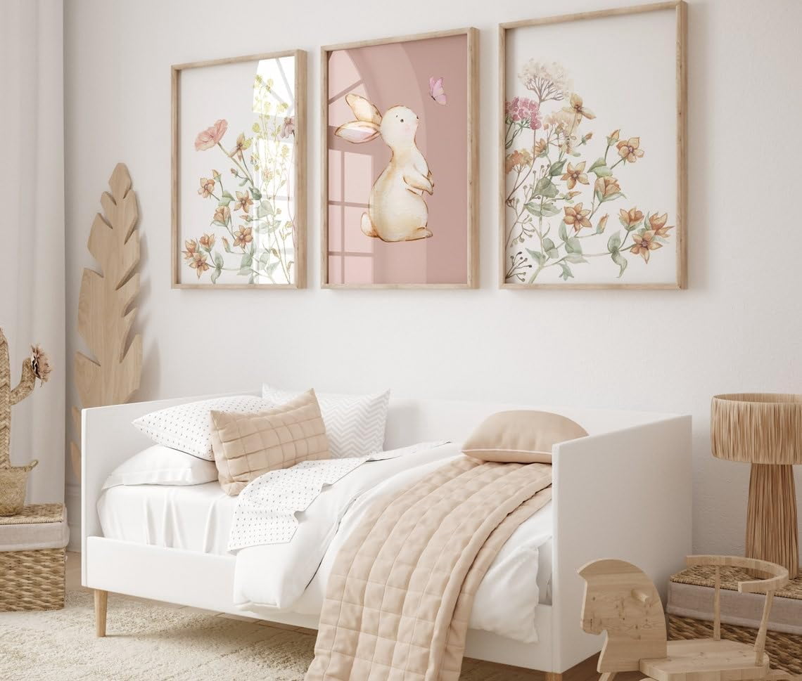 3 Pieces Pink Floral Canvas Art Print Wildflower Bunny Nursery Wall Art Painting for Girls Room Nursery Decor With Inner Frame